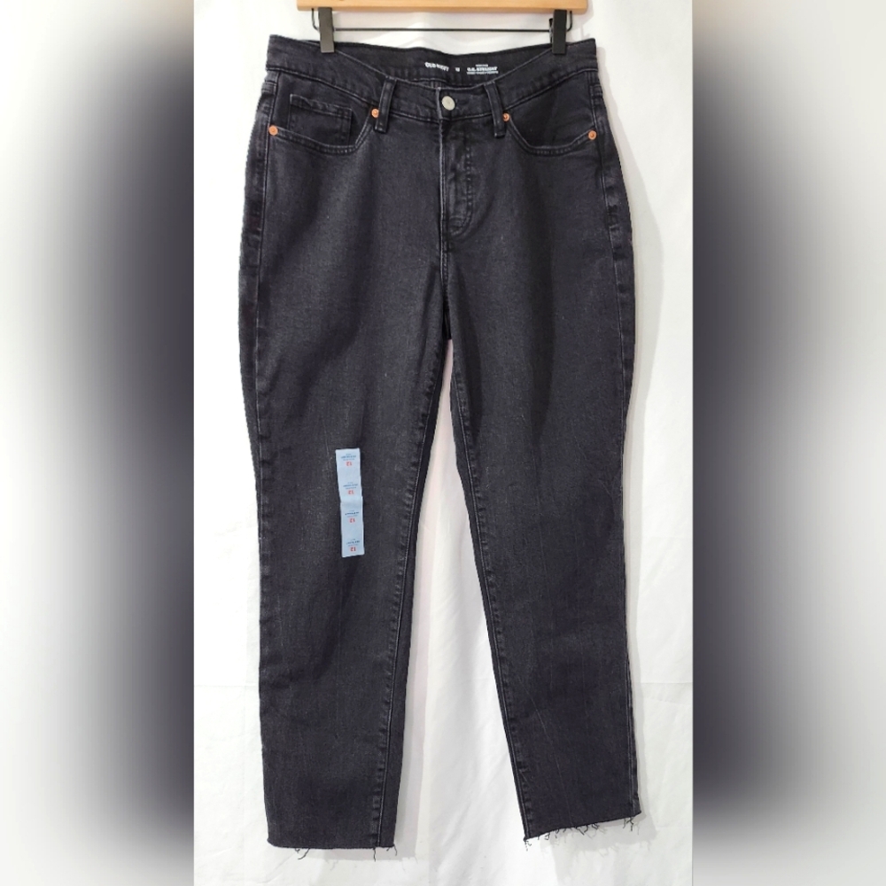 Old Navy O.G. Straight Jeans Size 12 Black Denim High Rise Raw Hem Normcore